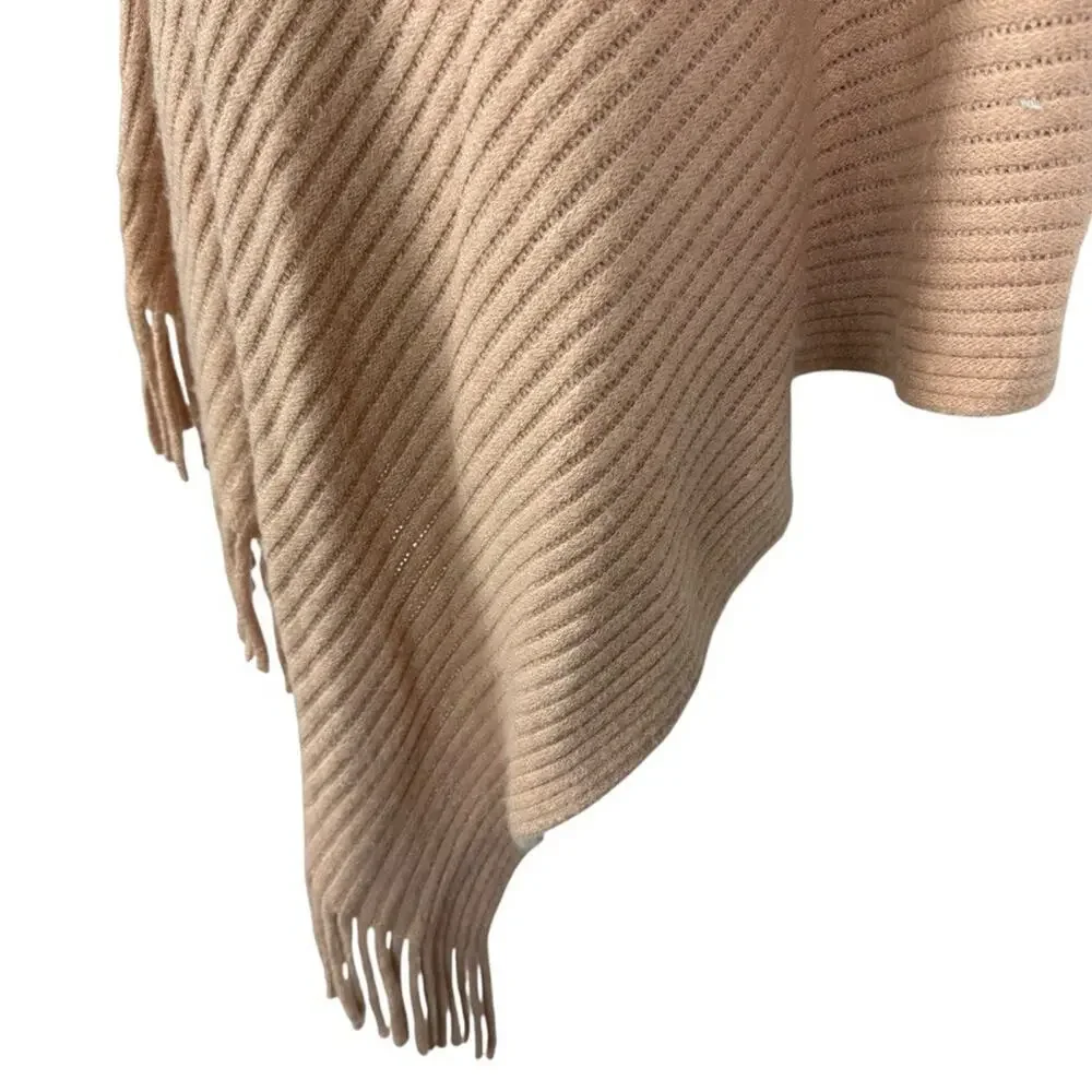 Chicos Ribbed Asymmetrical Fringe Cowl Neck Poncho Pullover Sweater sz O / S
